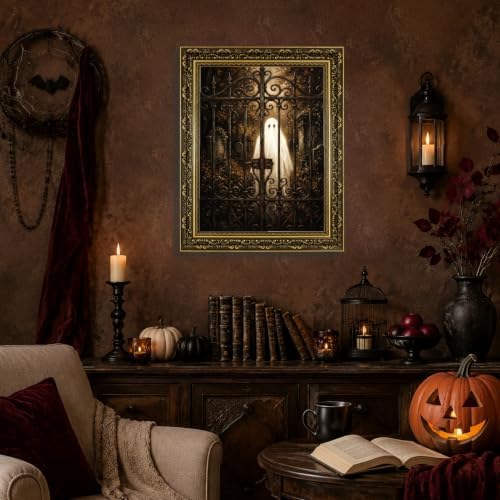 Gold Vintage Framed Ghost Wall Art, Spooky Halloween Cemetery Print