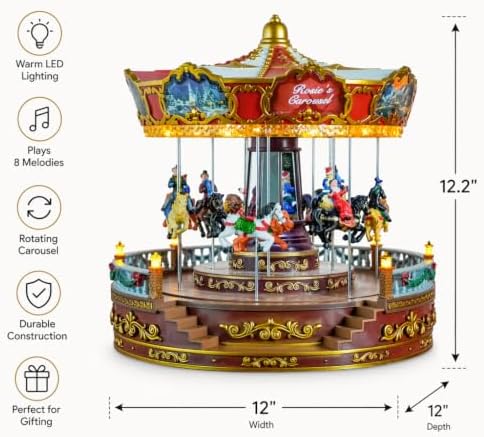 Christmas Carousel Decoration, 14inch Large Size, Carousel Go Round with Music and Lights, Realistic Scene, Add Christmas Atmosphere, Perfect （red）