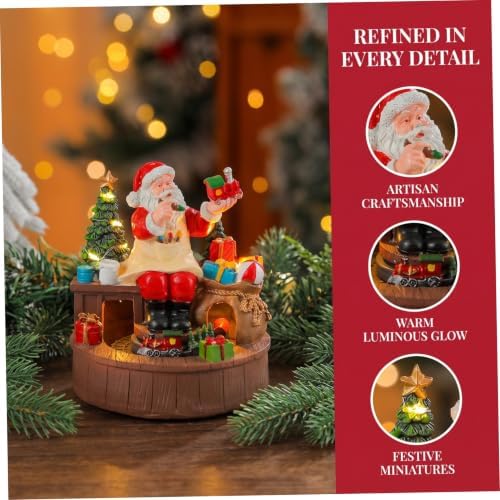 Resin Santa Claus Music Box and LED Warm Light with Rotating Train Figurine Battery Operated Christmas Musical Box Ornament for Indoor Celebrations and Window Displays
