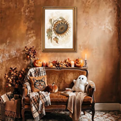 Sunflower Halloween Wall Art, Gold Vintage Framed Moody Botanical Print