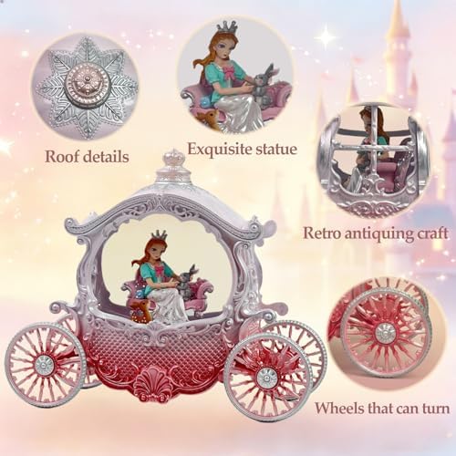 Christmas Pink Carriage Snow Globe with Music and Pricess - Girl with a Crown Scene Water Lantern with Glitter Snow and LED Light - Battery Or USB Cable Powered Operated (Pink Princess)
