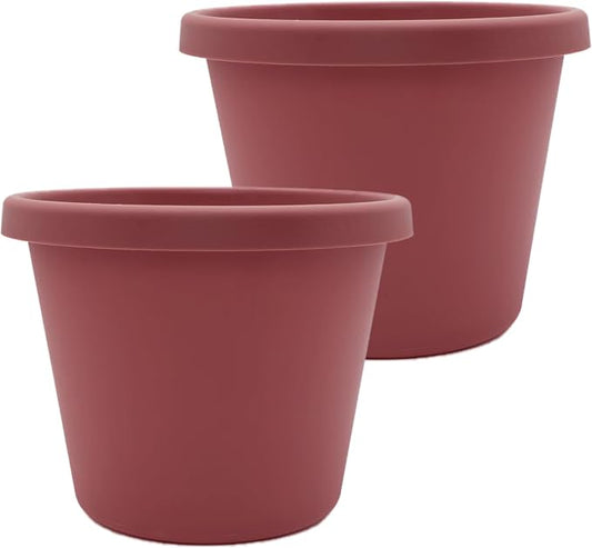 The HC Companies 10 Inch Prima Round Planter Pots with Drainage Holes and Rolled Rim, Lightweight UV-Resistant Plastic Indoor & Outdoor Planters, 2-Pack Flower Pots for Garden & Home Decor, Marsala