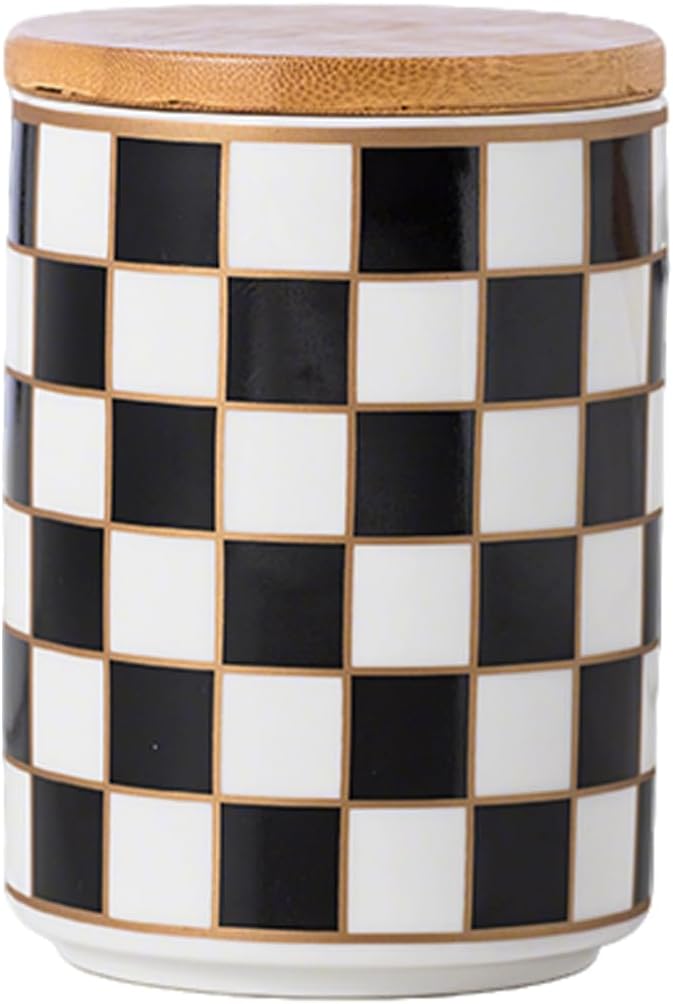 Kitchen Countertop Ceramic Checkered Canisters,Black And White Food Storage Containers With Lid,Airtight Kitchen Canisters for Flour, Sugar, Coffee, Tea, and Dry Goods (Black, Small)