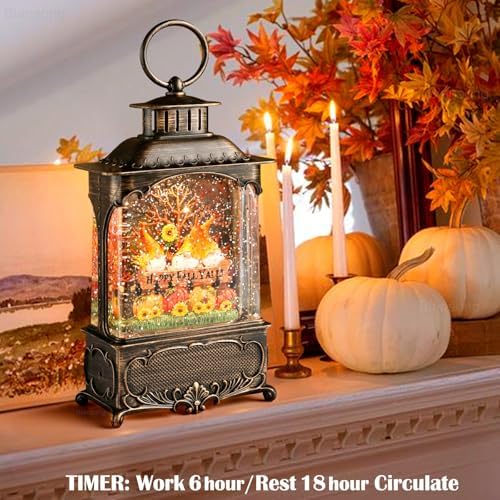 Fall Snow Globe Lantern Gnome Snow Globe Fall Decorations for Home Autumn Harvest Decor with Timer, USB and Battery Powered Sunflower Pumpkin Autumn Tree 10.2 inch