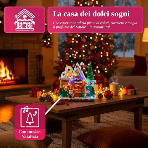 Avilia Northlight Christmas Village with LED Lights, Rotating Tree and Christmas Music, Hand Painted Decoration with USB Cable and Batteries, Luminous Animated Village for Home or Holiday Gift