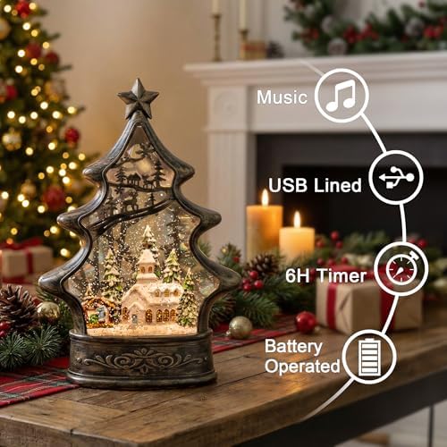 Musical Snow Globe Christmas Tree Lantern Lighted Church with Nativity Manger Scene Water Lantern in Swirling Glitter, Christmas Home Decoration and Gift, Battery Operated or USB Powered