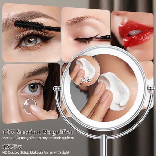 VESAUR 11.8" Extra Large 17" Tall Lighted Makeup Mirror, 1X/5X/10X 3-Sided Magnifying Mirror with 96 LEDs, 3 Color Dimmable Lights, 360° Swivel Dual Power Vanity Mirror, Silver Nickel Luxury Gift Box