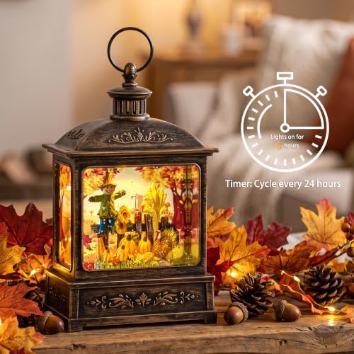 Fall Snow Globe Lantern - Scarecrow and Turkey Lighted Water Lantern with Swirling Glitter Fall Decorations for Home, Thanksgiving, Autumn Harvest Fall Decor