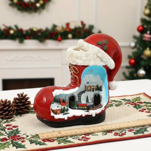 ARTIBETTER Santa Boot Music Box with Lighted Miniature Village & Rotation Train Animated Christmas Table Decoration for Living Room, Holiday Centerpiece, Gifting