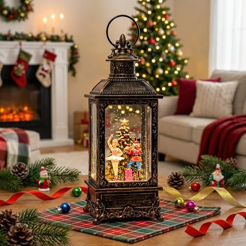 VISFLAIR Christmas Snow Globe Nutcracker Lantern, Musical Lighted Nutcracker & Ballerina Water Lantern Swirling Glittering Home Decoration and Gift, Battery Operated or USB Powered