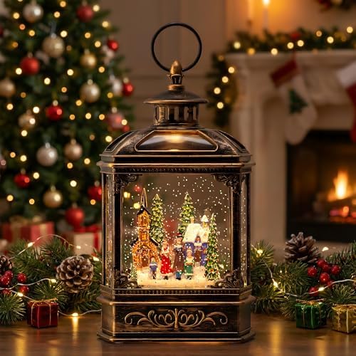 VISFLAIR Musical Snow Globe Lantern Lighted Church Carolers Christmas Village Snow Water Lantern Swirling Glittering Home Decoration and Gift, Battery Operated or USB Powered