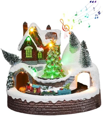 Christmas Village Figurines, 4.7x6.1inch Resin Christmas Village House with Rotating Train & Xmas Tree, Light up Musical Animated Display Collectible House for Home Tabletop Decorations