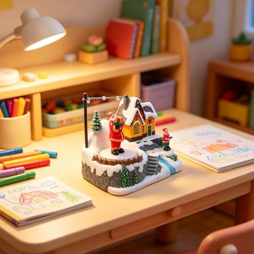 Christmas Musical Decoration Rotating Resin Snow House Revolving Christmas Tree Music Box Ornament Winter Village Tabletop Decor for Festival Party(Rotating Santa)