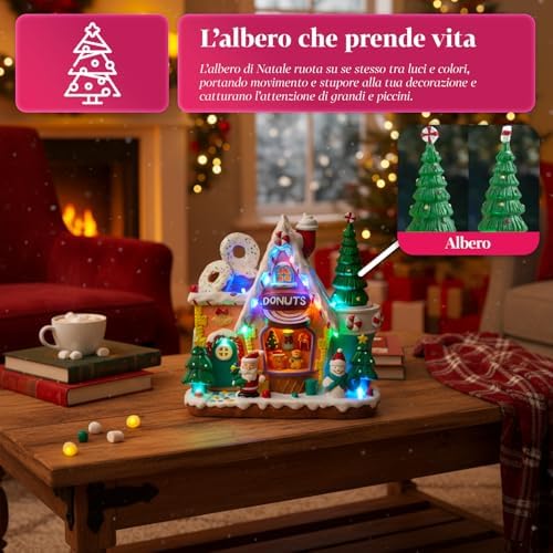 Avilia Northlight Christmas Village with LED Lights, Rotating Tree and Christmas Music, Hand Painted Decoration with USB Cable and Batteries, Luminous Animated Village for Home or Holiday Gift