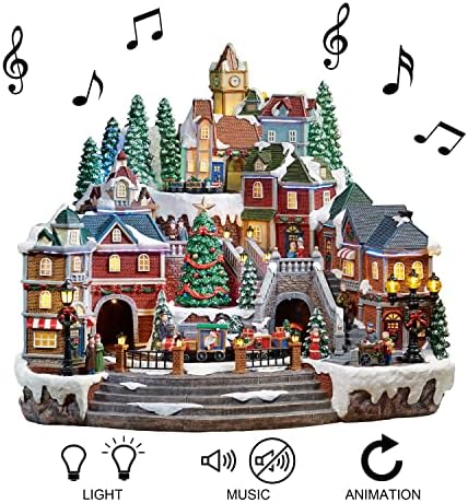 MOMENTS IN TIME Animated Christmas Village Scene with Rotating Train LED Lighted Houses Snow Covered Town Display Holiday Tabletop Decor with Christmas Tree and Figurines