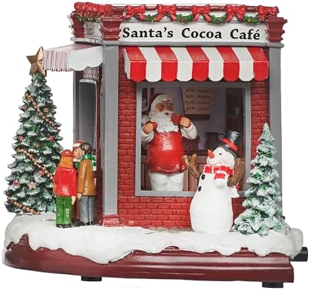 Roman LED Musical Santa’s Cocoa Café, 7.5" Amusments, Rotating Christmas Village Scene, Lighted Holiday Décor, USB or Battery Operated