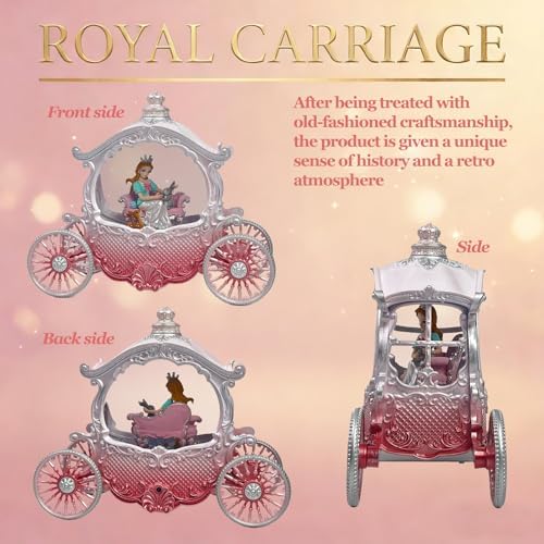 Christmas Pink Carriage Snow Globe with Music and Pricess - Girl with a Crown Scene Water Lantern with Glitter Snow and LED Light - Battery Or USB Cable Powered Operated (Pink Princess)