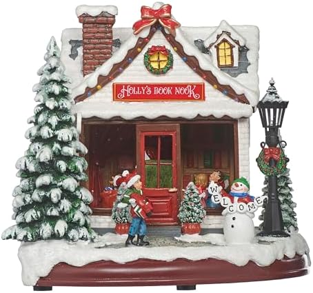 Roman LED Musical Holly’s Book Nook Christmas Village Building, 8.5" Amusments, Lighted Holiday Scene with Rotating Feature, USB or Battery Operated
