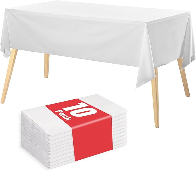 Plastic Table Cloth, 10 Packs Disposable Tablecloth 54 X 108 Inch White Plastic Tablecloth for Rectangle Tables Tougher PEVA Table Cover for Party Decorations Picnic Graduation Camping Birthday