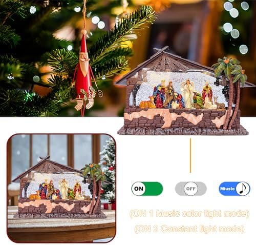 13.2''Nativity Christmas Snow Globe Lantern - Cottage & Nativity Scene (Jesus Birth), Lighted with Swirling Glitter, USB Powered, Plays Music, Holiday Decoration & Festive Gift