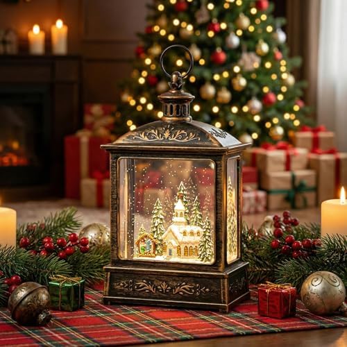 12.5'' Musical Snow Globe Lantern Lighted Church with Nativity Manger Scene Water Lantern in Swirling Glitter, Christmas Home Decoration and Gift, Battery Operated or USB Powered