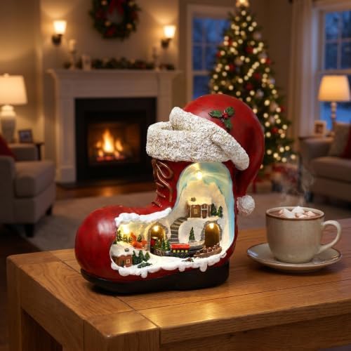 ARTIBETTER Santa Boot Music Box with Lighted Miniature Village & Rotation Train Animated Christmas Table Decoration for Living Room, Holiday Centerpiece, Gifting