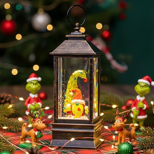 10'' Christmas Gnomes Snow Globe Lantern Lighted Whimsical Christmas Tree & Scandinavian Santa Elf Musical Water Lantern Swirling Glittering Home Decoration and Gift, Battery Operated or USB Powered