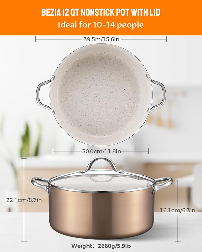 BEZIA 12 QT Large Nonstick Stock Pot with Lid, Induction Ready Cooking Pot | Soup Pot with PFOA Free Granite Coating, Works on All Stoves, Dishwasher Safe, Perfect for Holiday Hosting & Large Batches