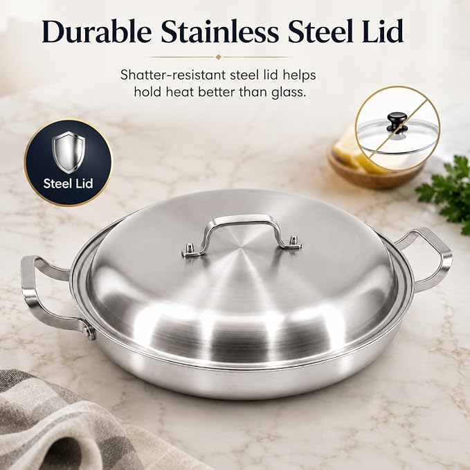 DELARLO 16 Inch Stainless Steel Paella Pan with Lid, 5-Ply Fully Clad,Jumbo Frying Pan for 12-14 Servings, PFOA & PTFE Free Skillet for Gas Stove, Great for Paella Parties Indoors Outdoors