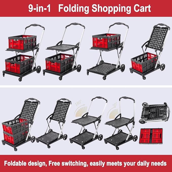 Collapsible Shopping Cart with Wheels,2 Tier Multi Use Foldable Shopping Cart with 2 Storage Crates,Folding Shopping Trolley Utility Cart for Office,Groceries, Warehouse,Supermarket,Picnic (Red)