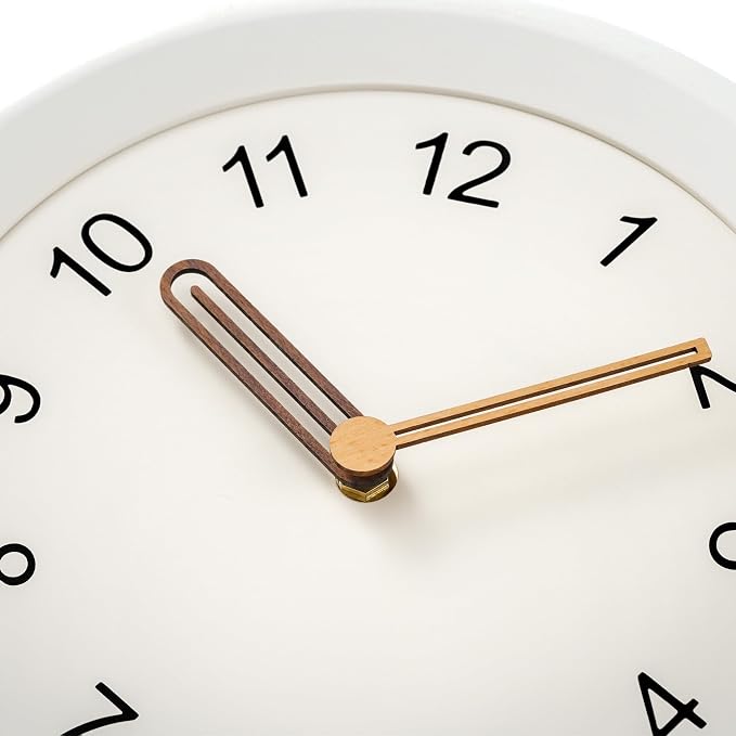 Mosewa 10 Inch White Wall Clock Silent Non-Ticking Quartz Battery Operated Analog Clock with Wood Hands, Easy to Read Minimalist Round Clock for Kitchen Living Room Bedroom Office