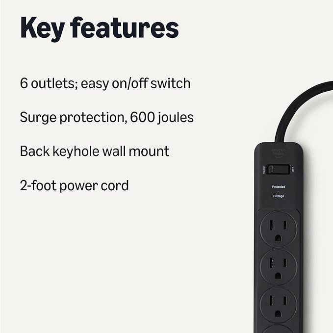 Amazon Basics Rectangle 6-Outlet Surge Protector Power Strip with Circuit Breaker, 600 Joule, 2ft Cord, Black, 2-Pack