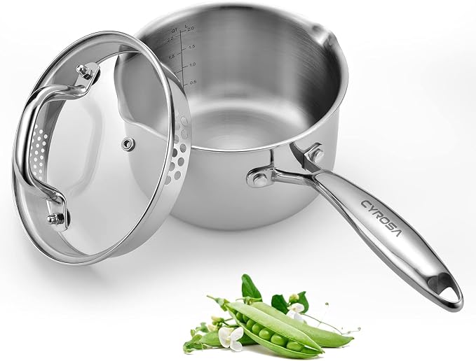 Stainless Steel Saucepan with Glass Lid, 2.5 Quart Multipurpose Sauce Pan with Cover, Sauce Pot Induction Cooking Pot- Easy Pour with Ergonomic Handle