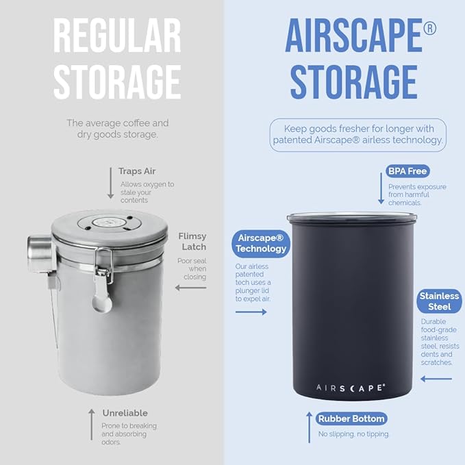 Planetary Design Airscape Stainless Steel Coffee Canister | Food Storage Container | US Patented Airtight Lid | Push Out Excess Air Preserve Food Freshness (Medium, Matte Blue)