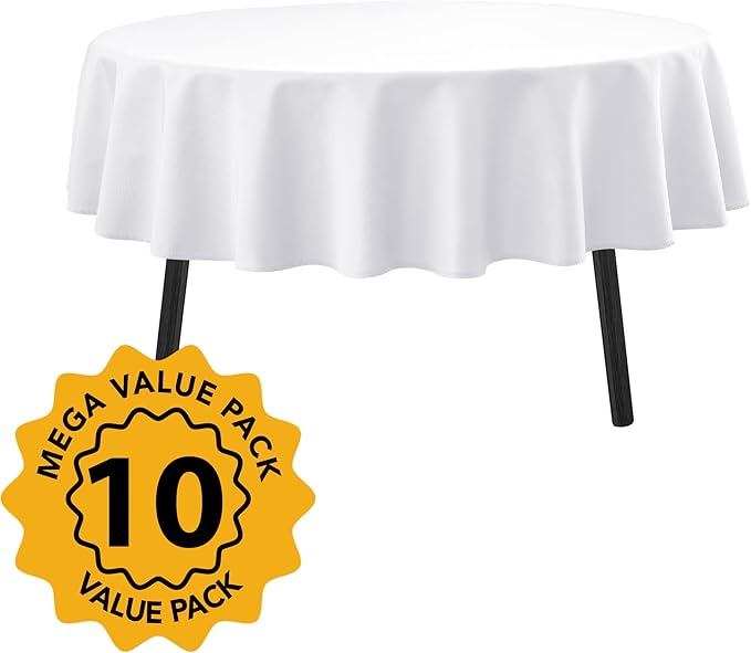 10-Pack White Round Tablecloths, 84 Inches, Stain-Resistant Polyester for 3-5 Ft Round Tables - Washable Table Covers for Weddings, Banquets, Birthday Parties, Events