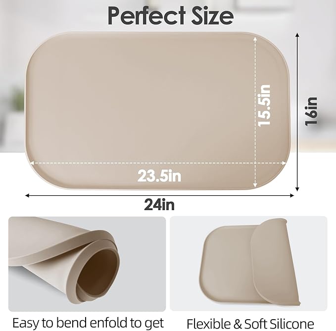 TOHONFOO Silicone Coffee Maker Mat with Lip, 24'' x 16'' Heavy Duty Coffee Maker Mat for Countertops, Coffee Tray Fit Under Coffee Machine Appliance Automatic Machines Espresso Accessory, Khaki