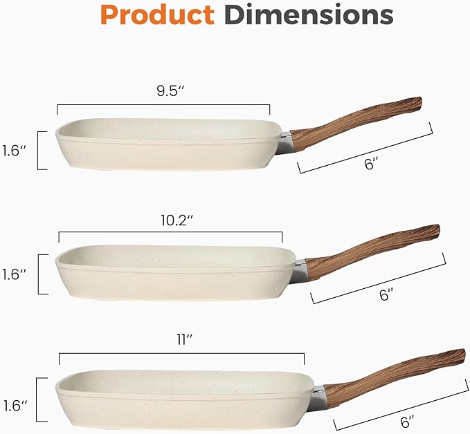 DUMOS 3 Pcs Grill Pans Set, Nonstick Square Frying Pan Skillet Set with Stay Cool Handle & PFOA Free, Compatible with All Stovetops (9.5" 10" 11") Beige