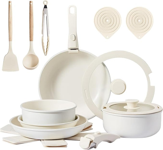 Bonnlo 19 Pcs Nonstick Pots and Pans Set with Lids, Kitchen Cookware Set with Detachable Handle Include Saucepan, Frying and Saute Pan, PFAS PFOA & PFOS Free, RV Induction, Aluminum, Cream White