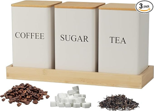 3Pcs Coffee Tea Sugar Container Set,White Iron Storage Tin with Bamboo Lid and Tray, Square Airtight Food Container Jars for Farmhouse Kitchen Dining Room Countertop Decor