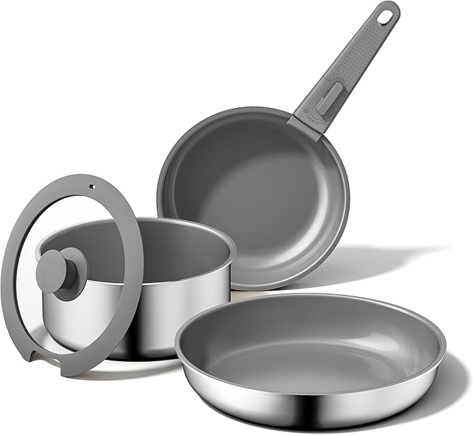 5pcs Nonstick Cookware Set, Diamond-Titanium Ceramic Coating & 3 Layer Stainless Steel Pots and Pans Set with Detachable Handle, Dishwasher Safe, Induction Compatible, Oven Safe, Gray