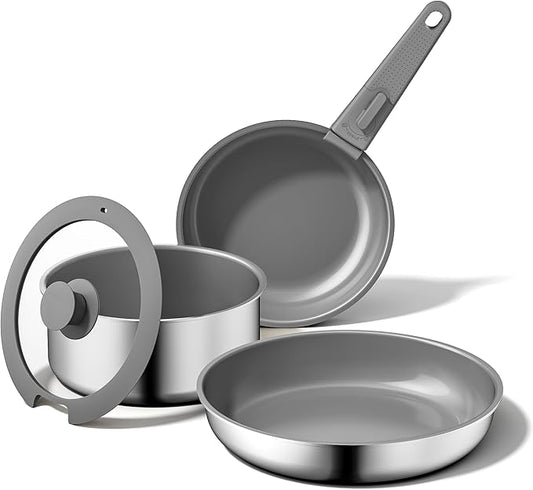 5pcs Nonstick Cookware Set, Diamond-Titanium Ceramic Coating & 3 Layer Stainless Steel Pots and Pans Set with Detachable Handle, Dishwasher Safe, Induction Compatible, Oven Safe, Gray