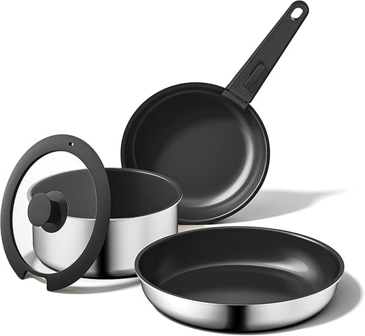 5pcs Nonstick Cookware Set, Diamond-Titanium Ceramic Coating & 3 Layer Stainless Steel Pots and Pans Set with Detachable Handle, Dishwasher Safe, Induction Compatible, Oven Safe, Black