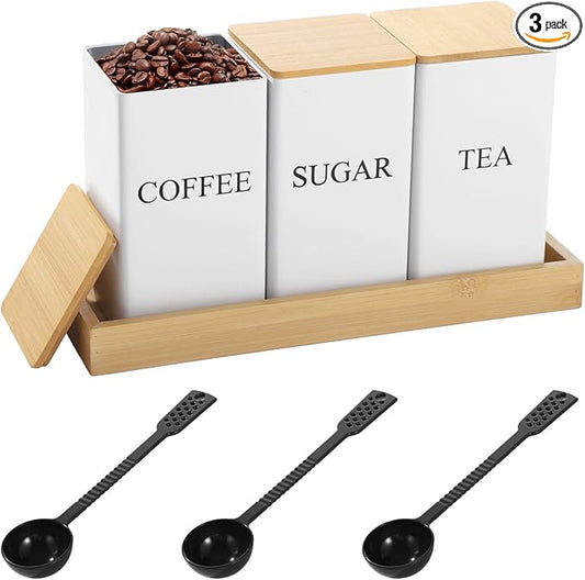 Homaisson Tea sugar container set - Coffee Tea Sugar Canister and Tray Set, Metal Container with Airtight Wooden Lid, Kitchen Counter Storage Organizer Set, Includes 3 Plastic Scoops