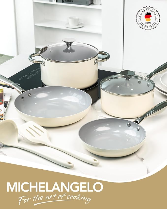 MICHELANGELO Pots and Pans Set Non Stick - Titanium Cookware Set Non Toxic Ceramic Coating, 8-Pcs Nonstick Pots and Pans with Ergonomic Handle, Dishwasher Safe & Induction Compatible, Cream