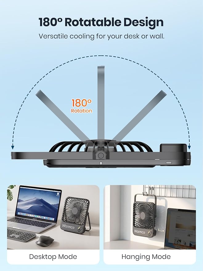 Warmco 10000mAh Portable Travel Fan 7-inch, Up to 24H Runtime, Ultra-thin Quiet Rechargeable Battery Operated Desk Fan with Digital Display for Camping, Office, Bedroom, Cruise Essentials