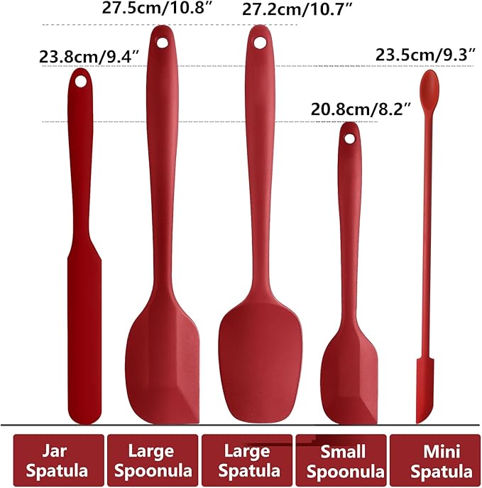 5 Piece Red Silicone Spatula Set, Heat Resistant Rubber Spatulas Set, Kitchen Spatula Set Dishwasher Safe for Nonstick Cookware Baking Cooking