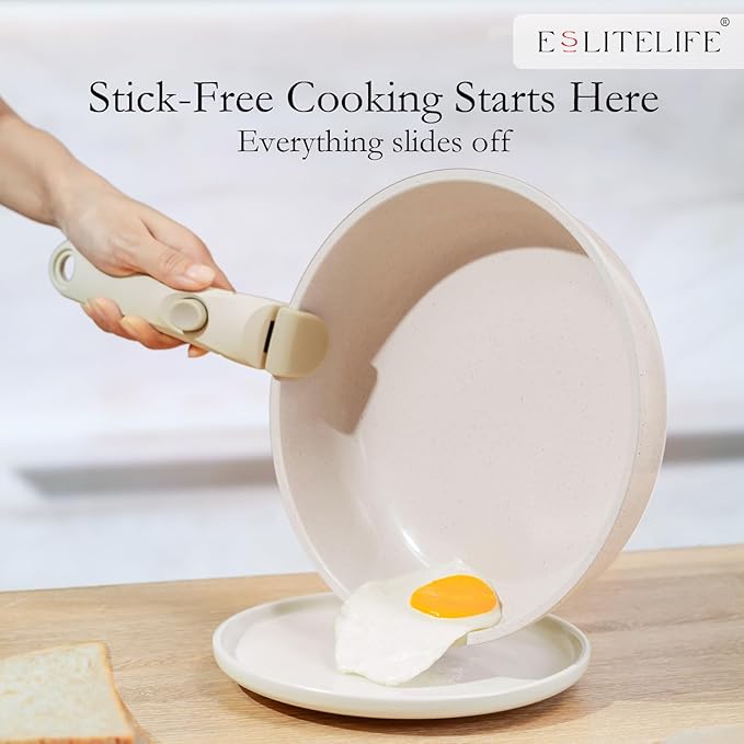 ESLITE LIFE Nonstick Ceramic Frying Pans Skillets Set with Lids & Detachable Handle, Non-Toxic Egg Omelette Kitchen Cooking Pans Compatible with All Stovetops, PTFE & PFOA Free, White, 7-Piece