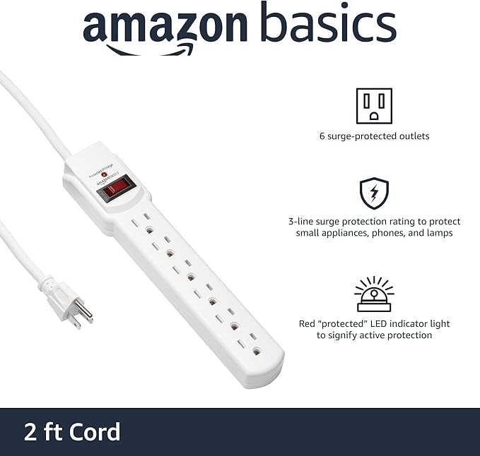 Amazon Basics 6-Outlet Surge Protector Power Strip with 200J Protection, Circuit Breaker, 2ft Extension Cord, White, 20-Pack