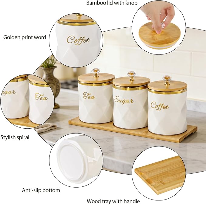 White Ceramic Storage Canister for Coffee Sugar Tea Containers Set of 3, Coffee Sugar Tea Canisters Set with Bamboo Lids and Tray, Airtight Food Storage Jars for Kitchen Pantry