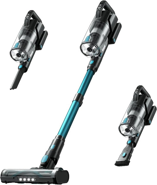 Klarpul Cordless Vacuum Cleaner, 650W 55KPA 70Mins Runtime Fast Charging Vacuum Cleaner, Self-Standing LED Light Touch Screen Stick Vacuum for Home Light Weight,for Pet Hair/Carpet/Floor, Cyan